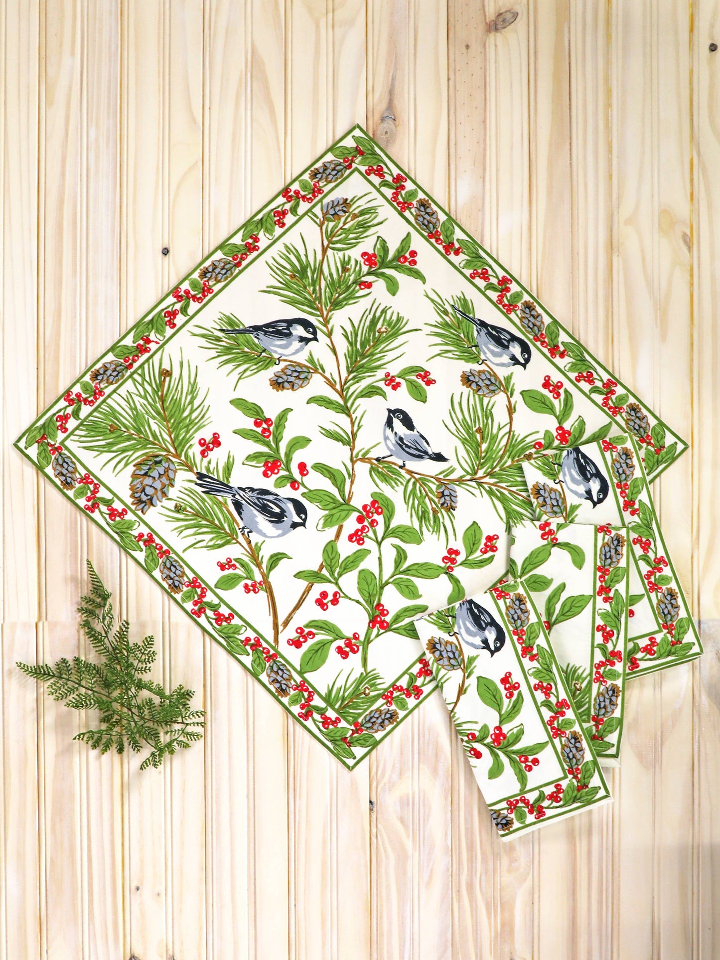 Napkins, Christmas Chickadee Napkins Set of 4, ecru