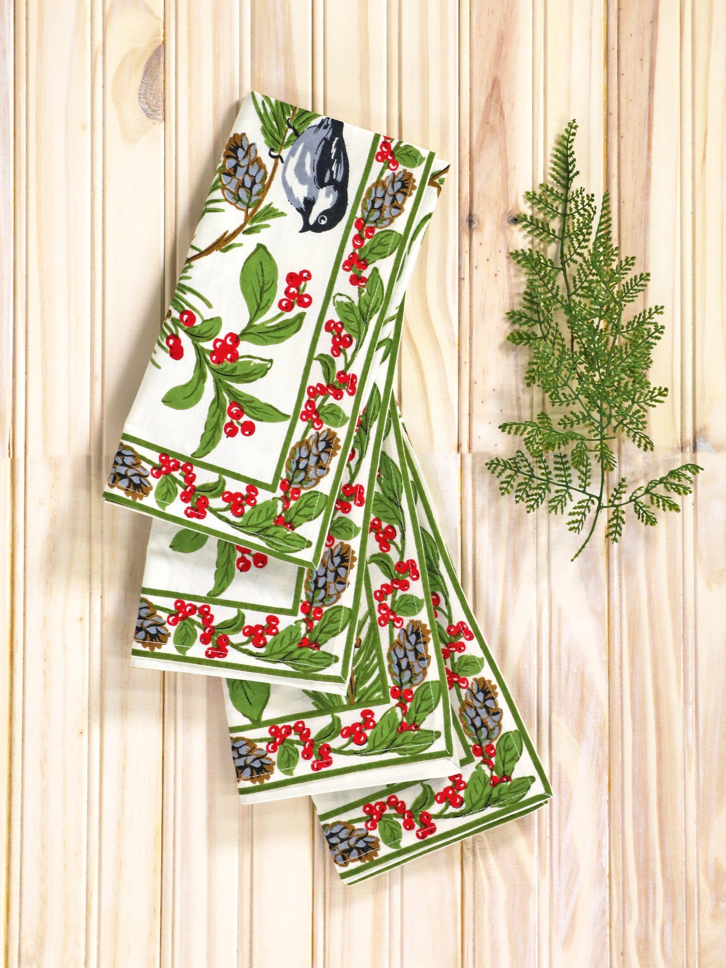 Napkins, Christmas Chickadee Napkins Set of 4, ecru