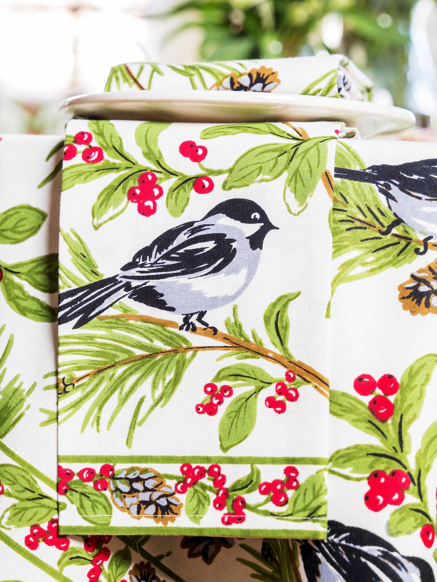 Napkins, Christmas Chickadee Napkins Set of 4, ecru