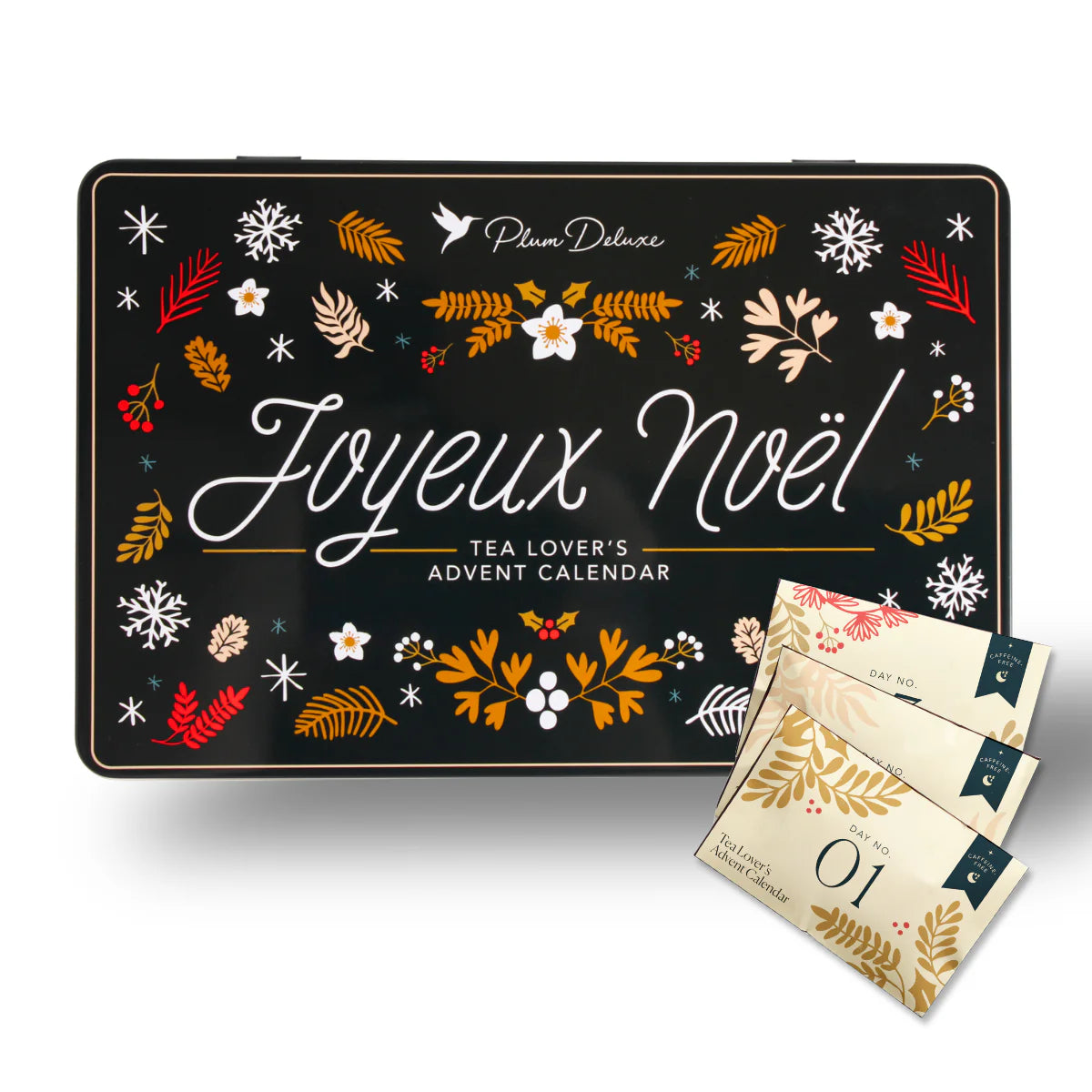 Tea lover's advent calendar with decorative packaging and tea packages on a white background