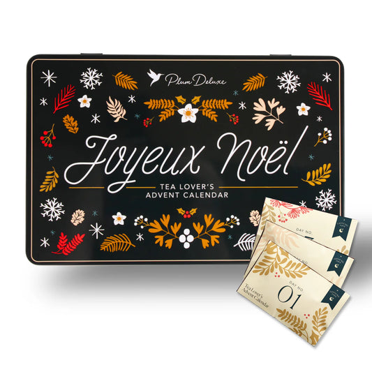 Tea lover's advent calendar with decorative packaging and tea packages on a white background