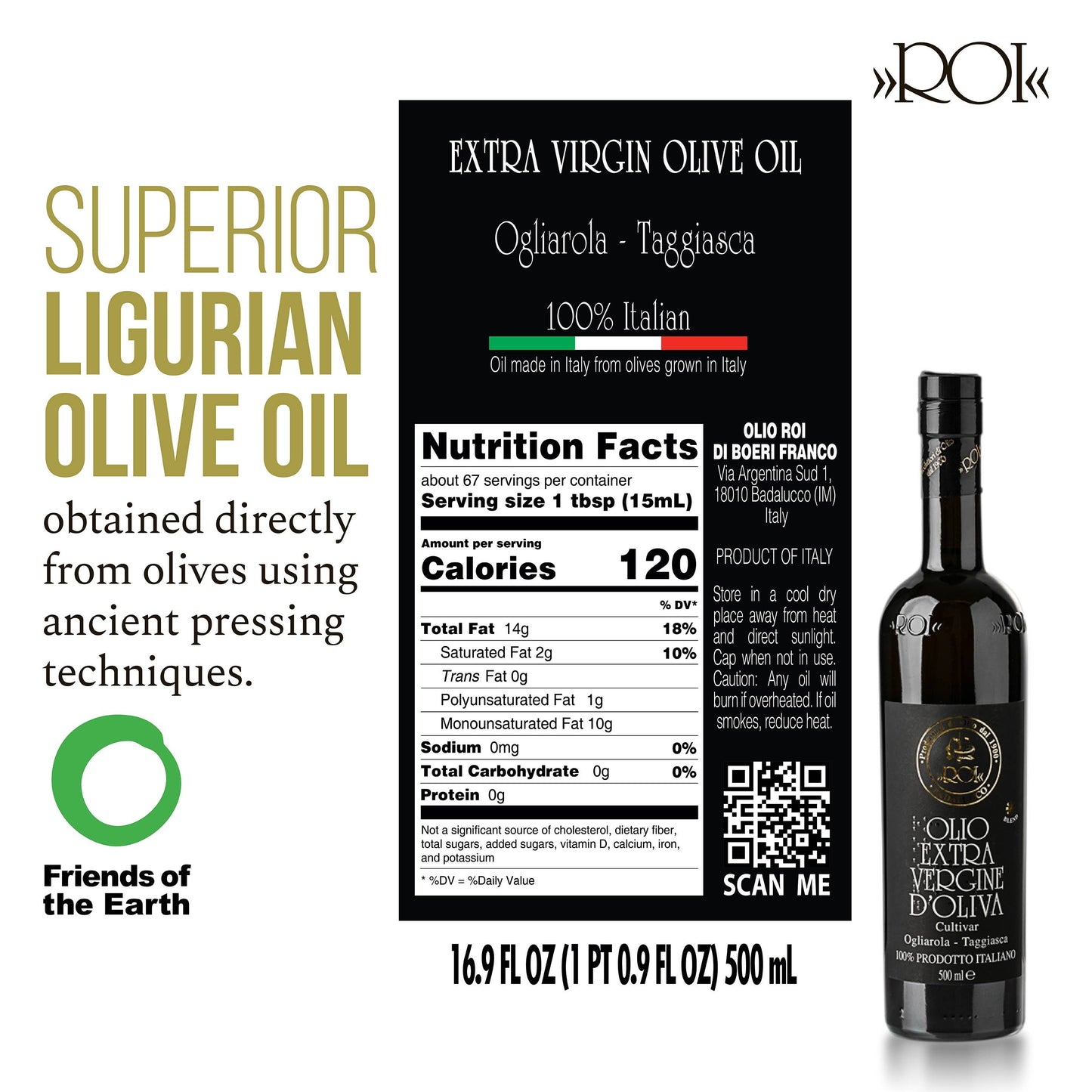 Olive Oil, Ligurian Taggiasca-Ogliarola by ROI: 16.9 fl oz (500ml)