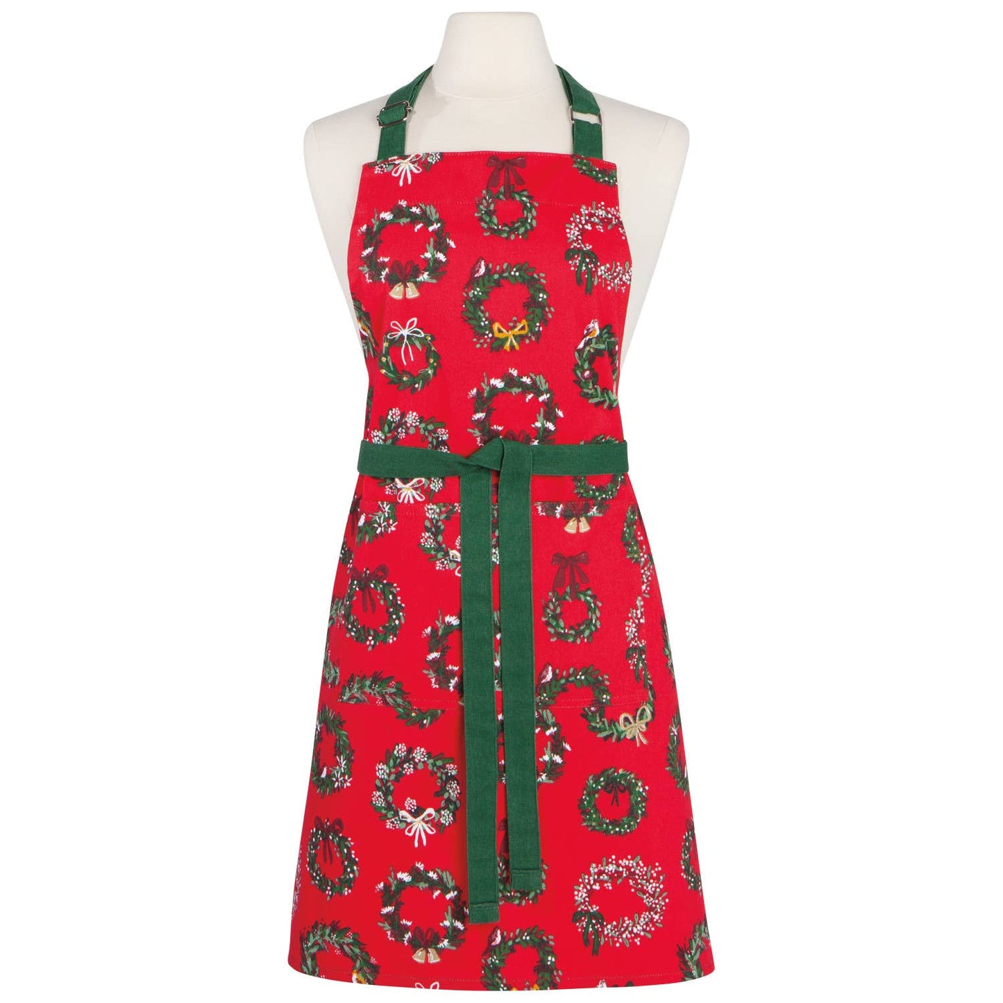 Red apron with green wreath pattern on a mannequin against a white background