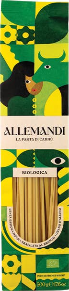 Box of Allemandi organic pasta with a green and yellow design