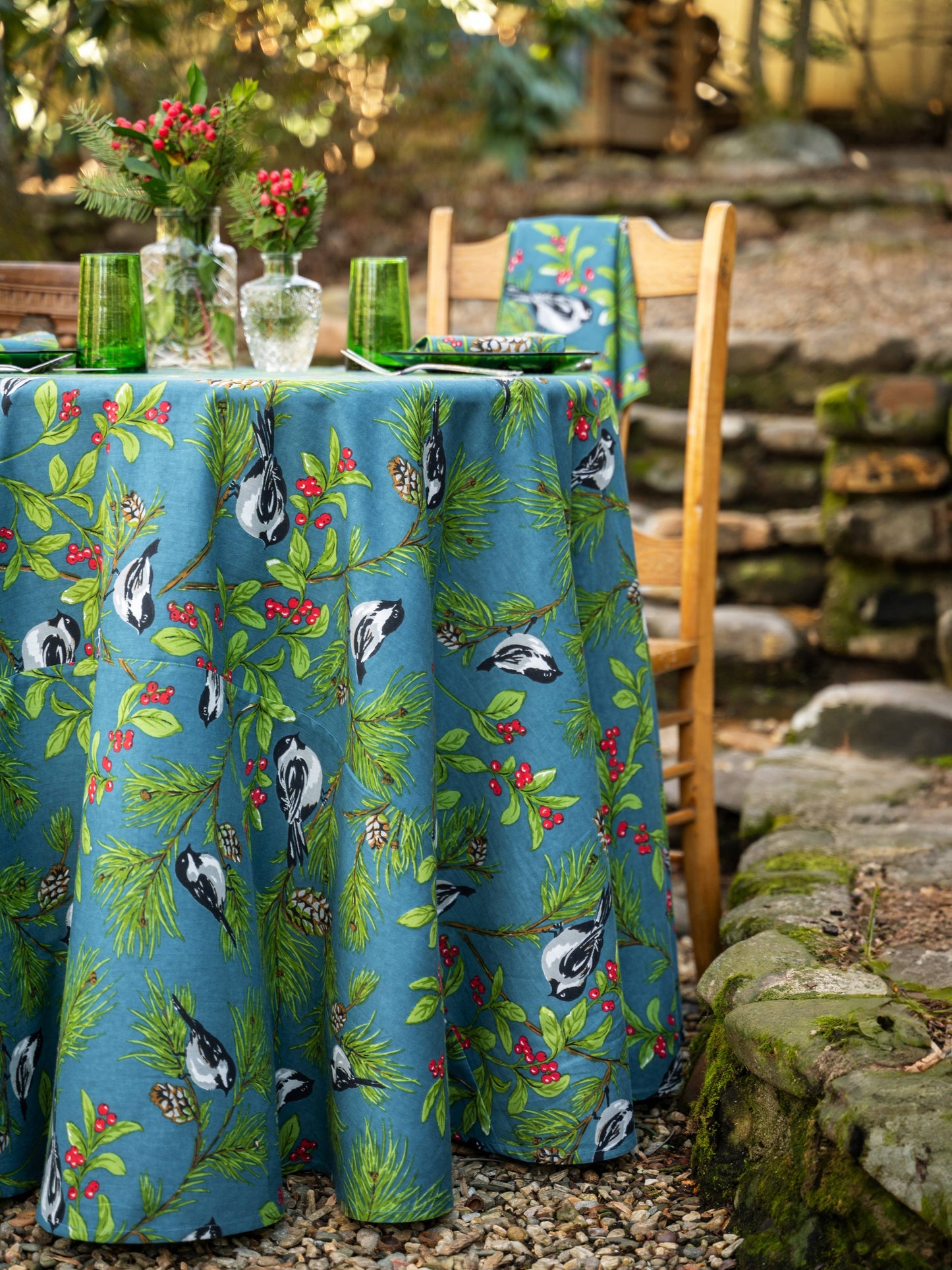 April Cornell round chickadee tablecloth