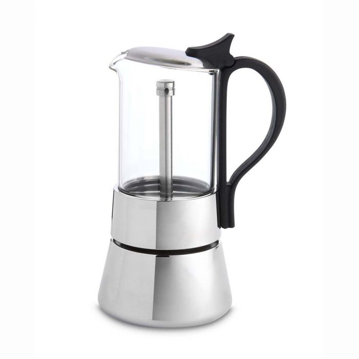 4 cup Glass Top Espresso Maker with stainless steel bottom and black handle 