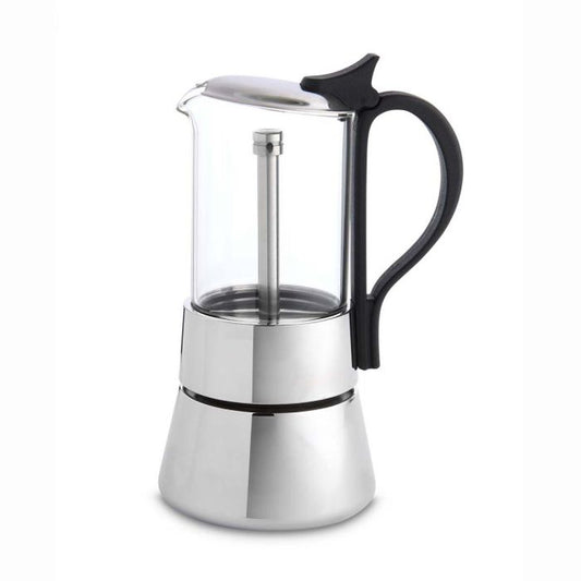 4 cup Glass Top Espresso Maker with stainless steel bottom and black handle 